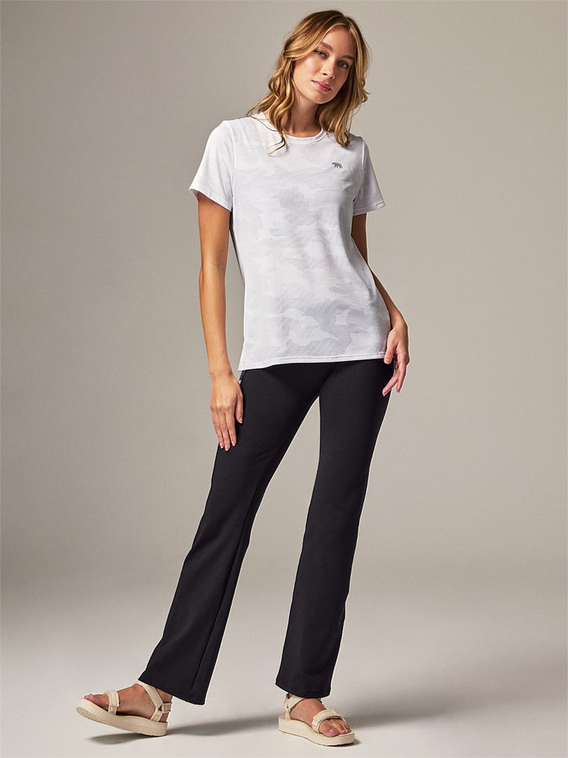 Relaxed fit Scoop neck with rib binding Side hem splits Made in Australia always crew tee white ladies running bare