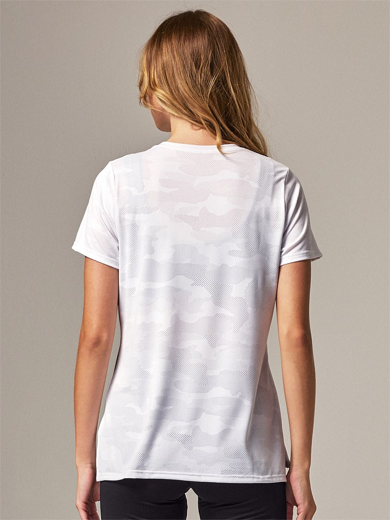 Relaxed fit Scoop neck with rib binding Side hem splits Made in Australia always crew tee white ladies running bare